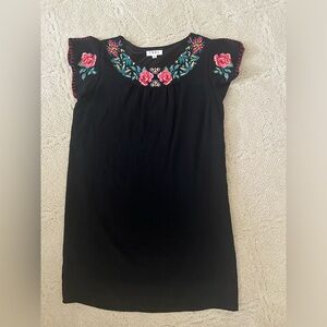 THML black straight fit dress with floral embroidered neckline